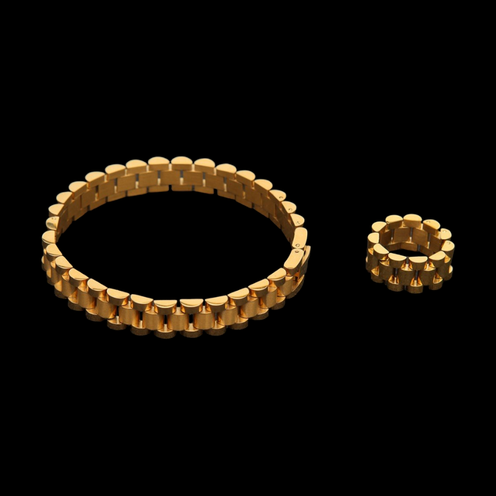 Ensemble Bracelet Présidentiel Plaqué Or + Bague