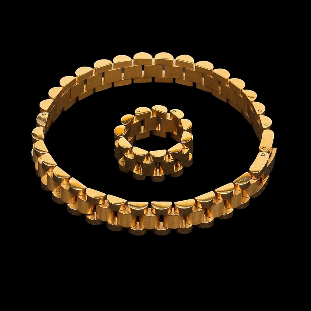 Ensemble Bracelet Présidentiel Plaqué Or + Bague