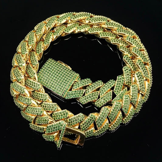 gold diamond iced out miami cuban chain with emerald green stones