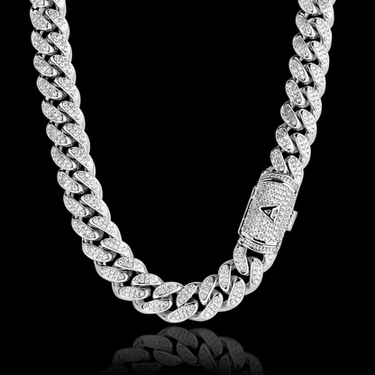 Custom White Gold Miami Cuban chain featuring an engraved initial on a diamond-set clasp