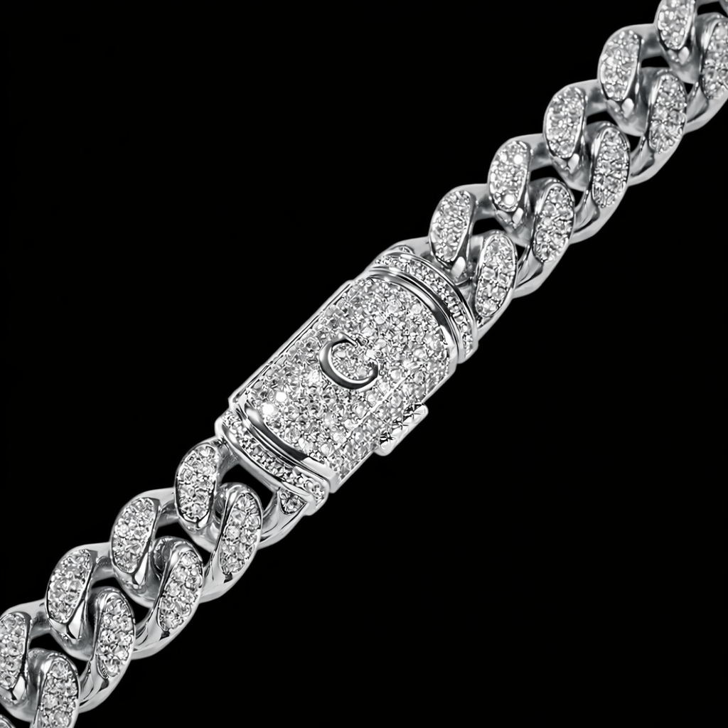 Luxury Silver Miami Cuban chain with engraved initial and pavé simulated diamond clasp