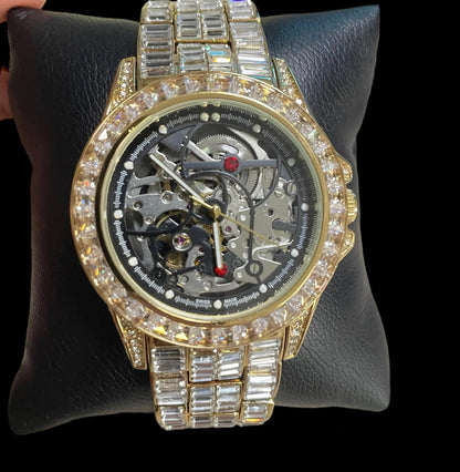 Montre Rollie Automatique Plaquée Or Diamants Baguette