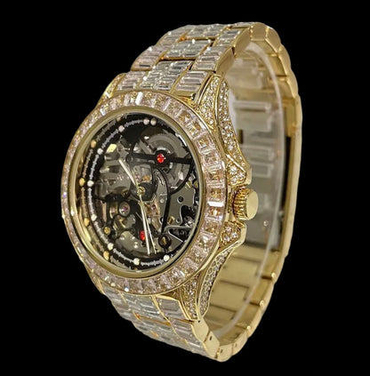 Montre Rollie Automatique Plaquée Or Diamants Baguette