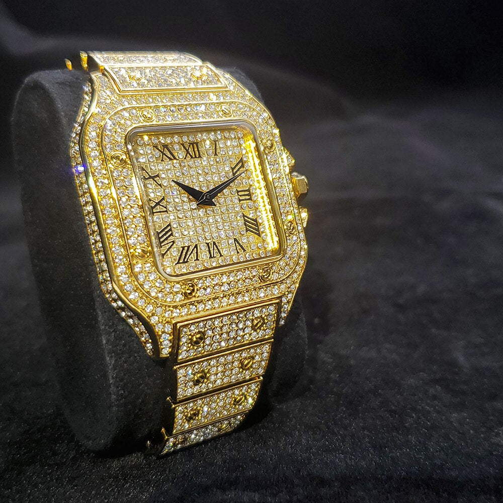 Montre King Square Fully iced out plaquée or