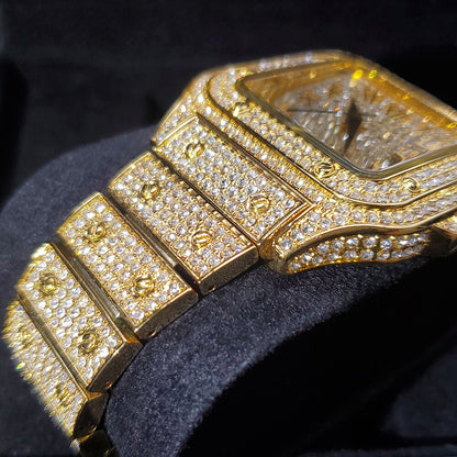 Montre King Square Fully iced out plaquée or
