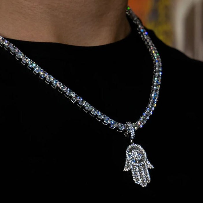 Main Hamsa Baguette Glacée Plaqué Or Blanc