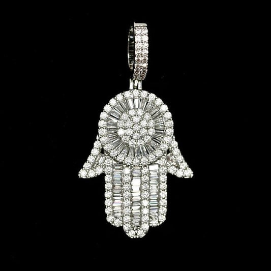 Main Hamsa Baguette Glacée Plaqué Or Blanc