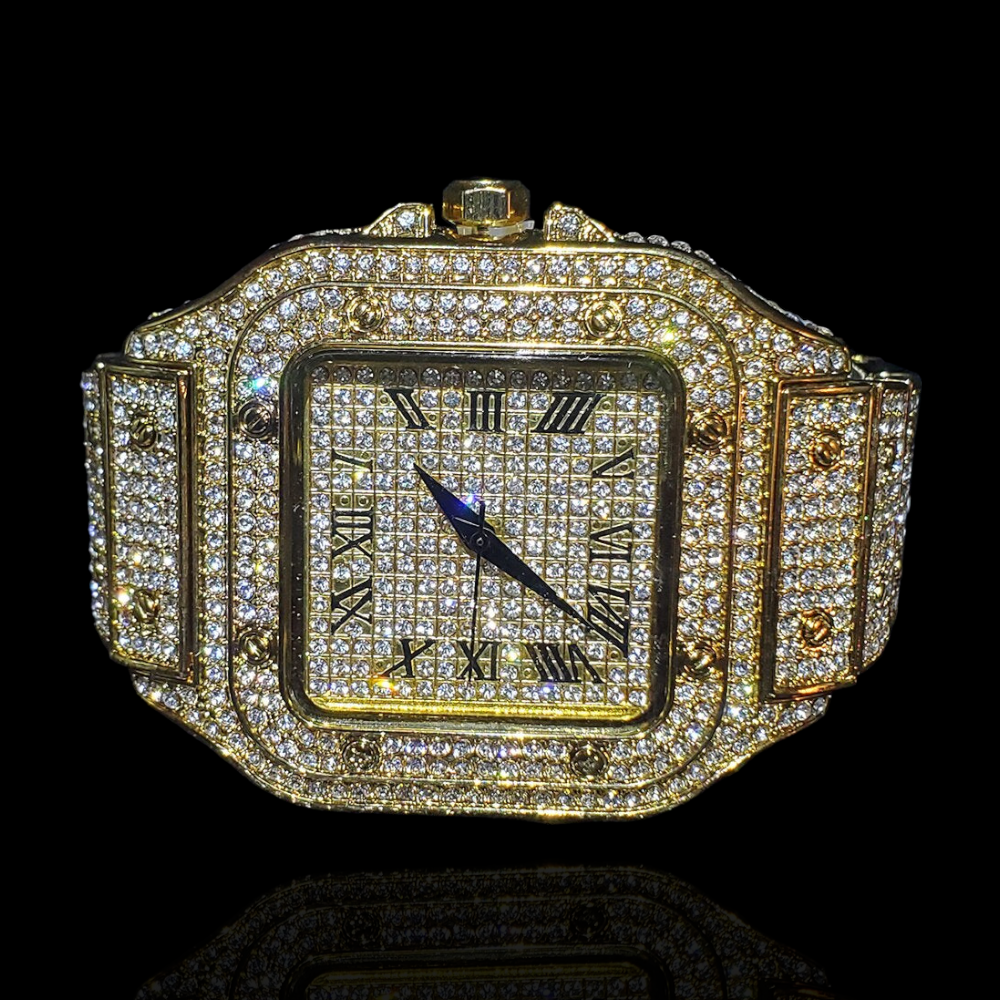 Montre King Square Fully iced out plaquée or