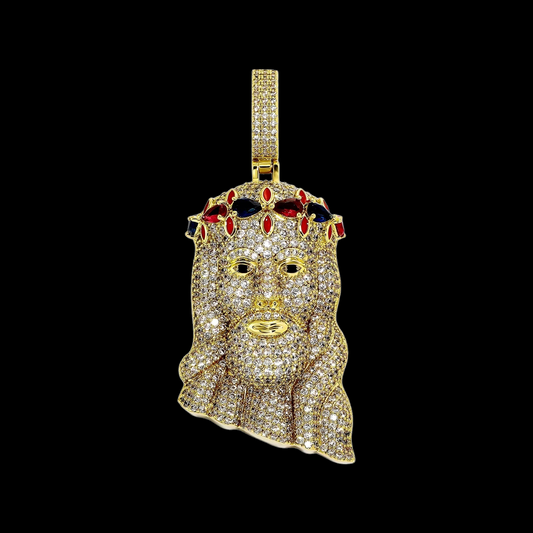 Pendentif Jésus plaqué or de qualité supérieure avec diamants de laboratoire rubis / saphir