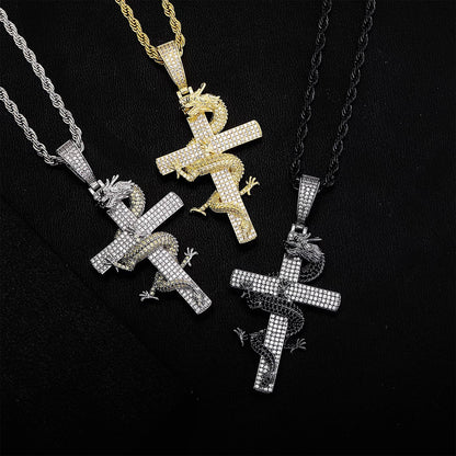 Pendentif Croix Iced Out Noire Avec Dragon