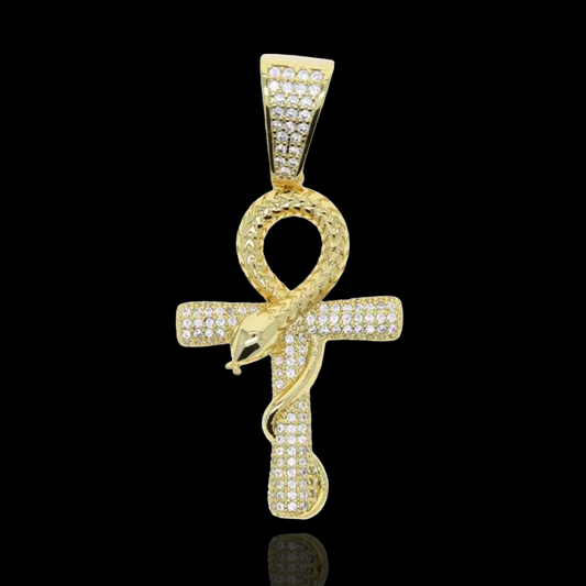 Pendentif Croix Ankh Iced Out Plaqué Or Avec Serpent