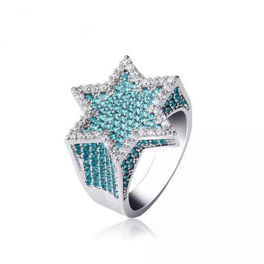 Iced Out Blauwe Star Ring