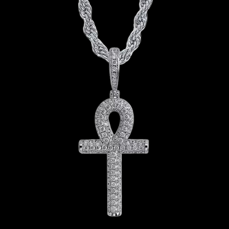 Pendentif croix Ankh plaqué or blanc entièrement glacé