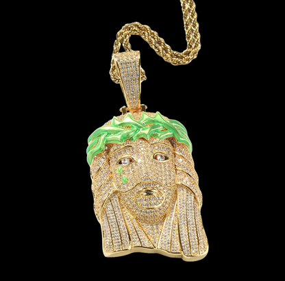Gold Plated Jezus Hanger met groene enamel