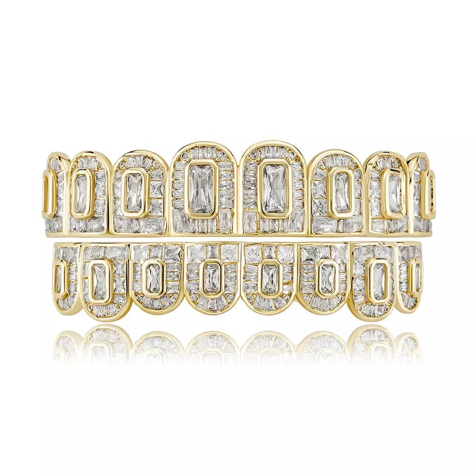 Ensemble de grillz à baguette glacée plaqué or de qualité supérieure