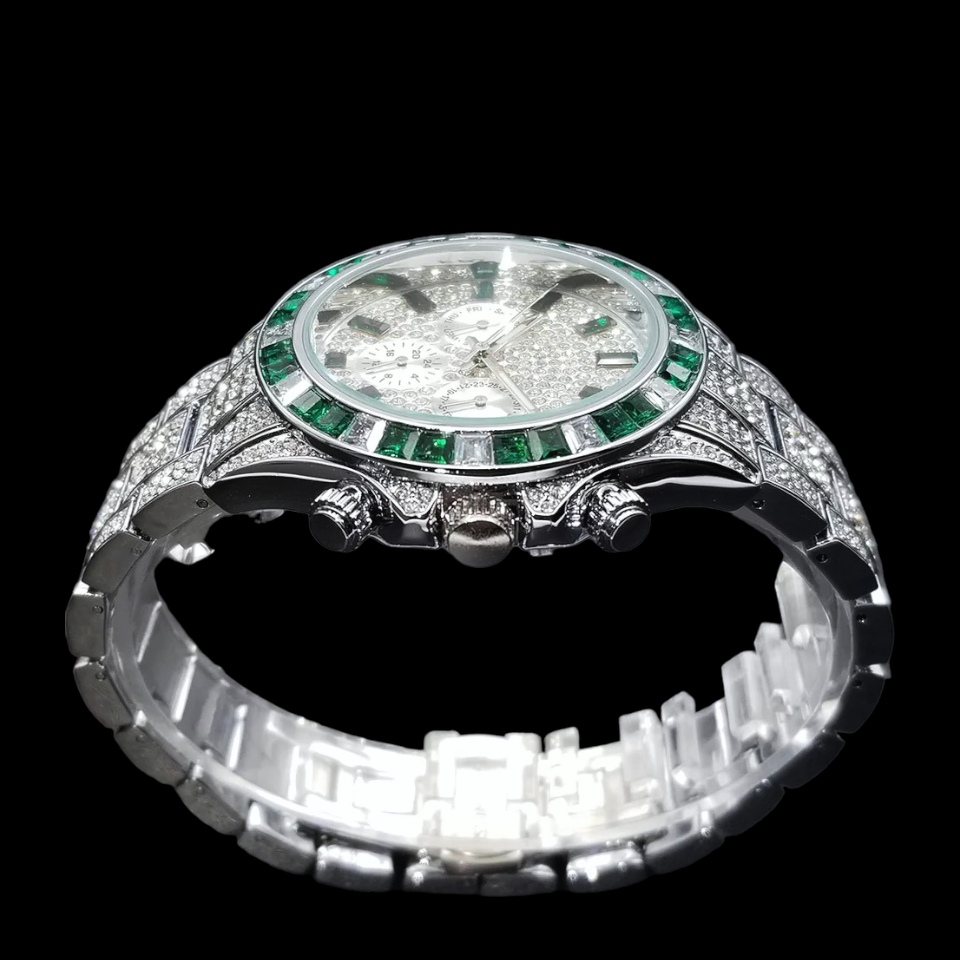 Iced Out Chronograaf Horloge | Smaragd