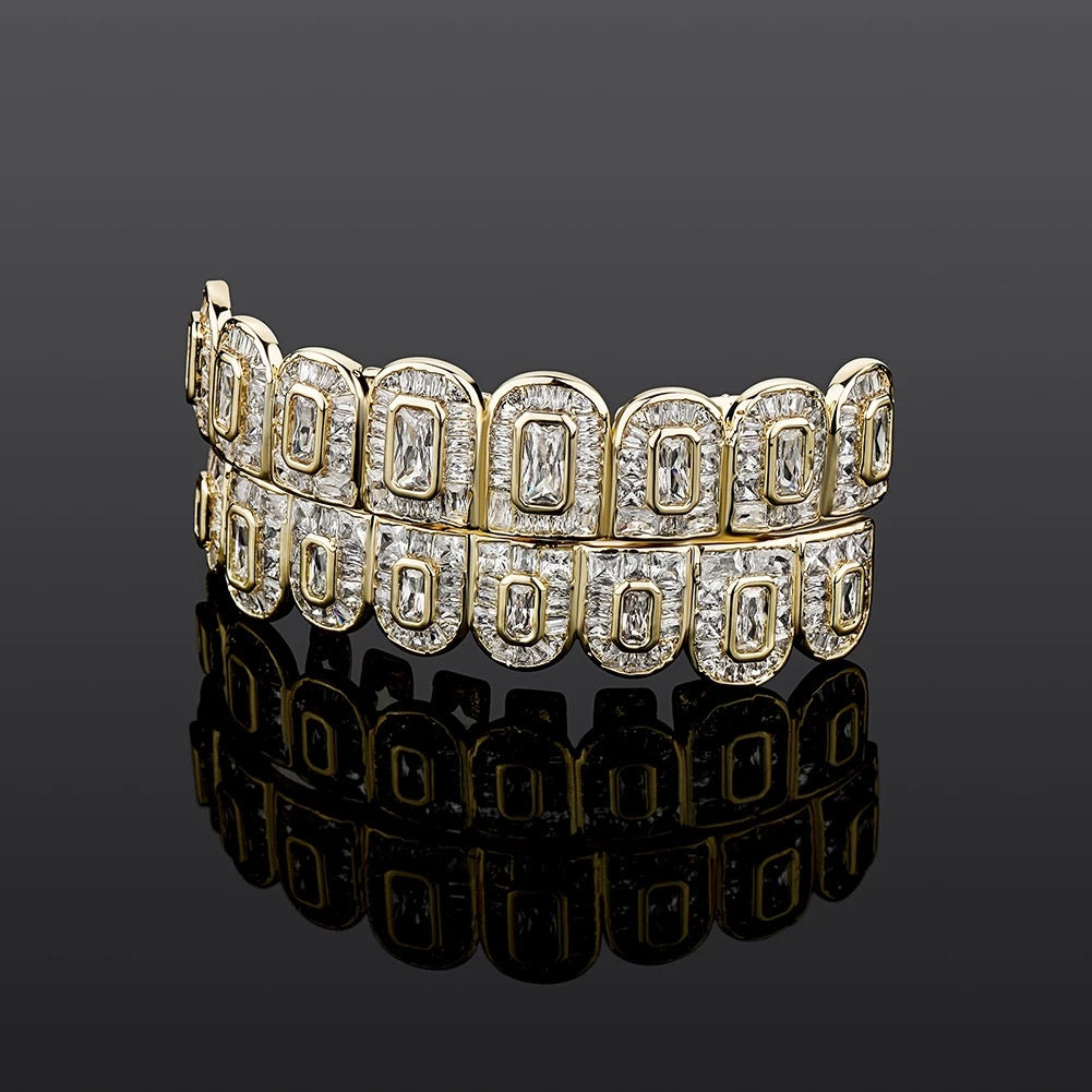 Ensemble de grillz à baguette glacée plaqué or de qualité supérieure