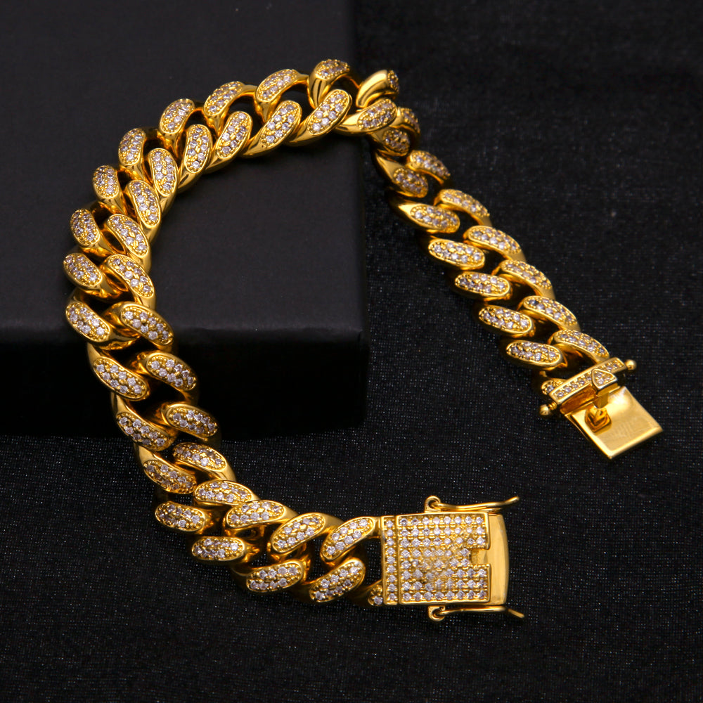 Bracelet Cubain Miami Glacé Plaqué Or 12 mm