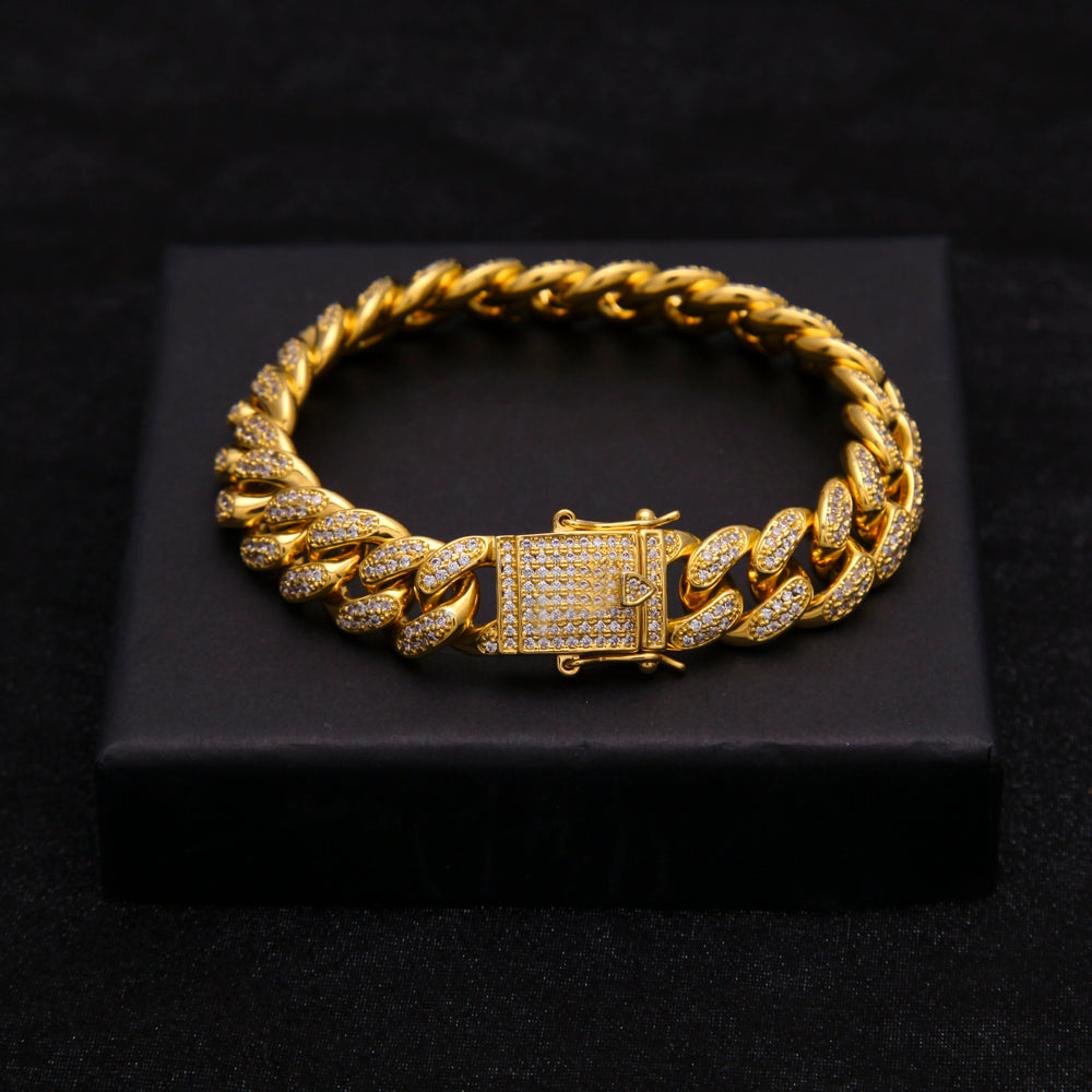 Bracelet Cubain Miami Glacé Plaqué Or 12 mm
